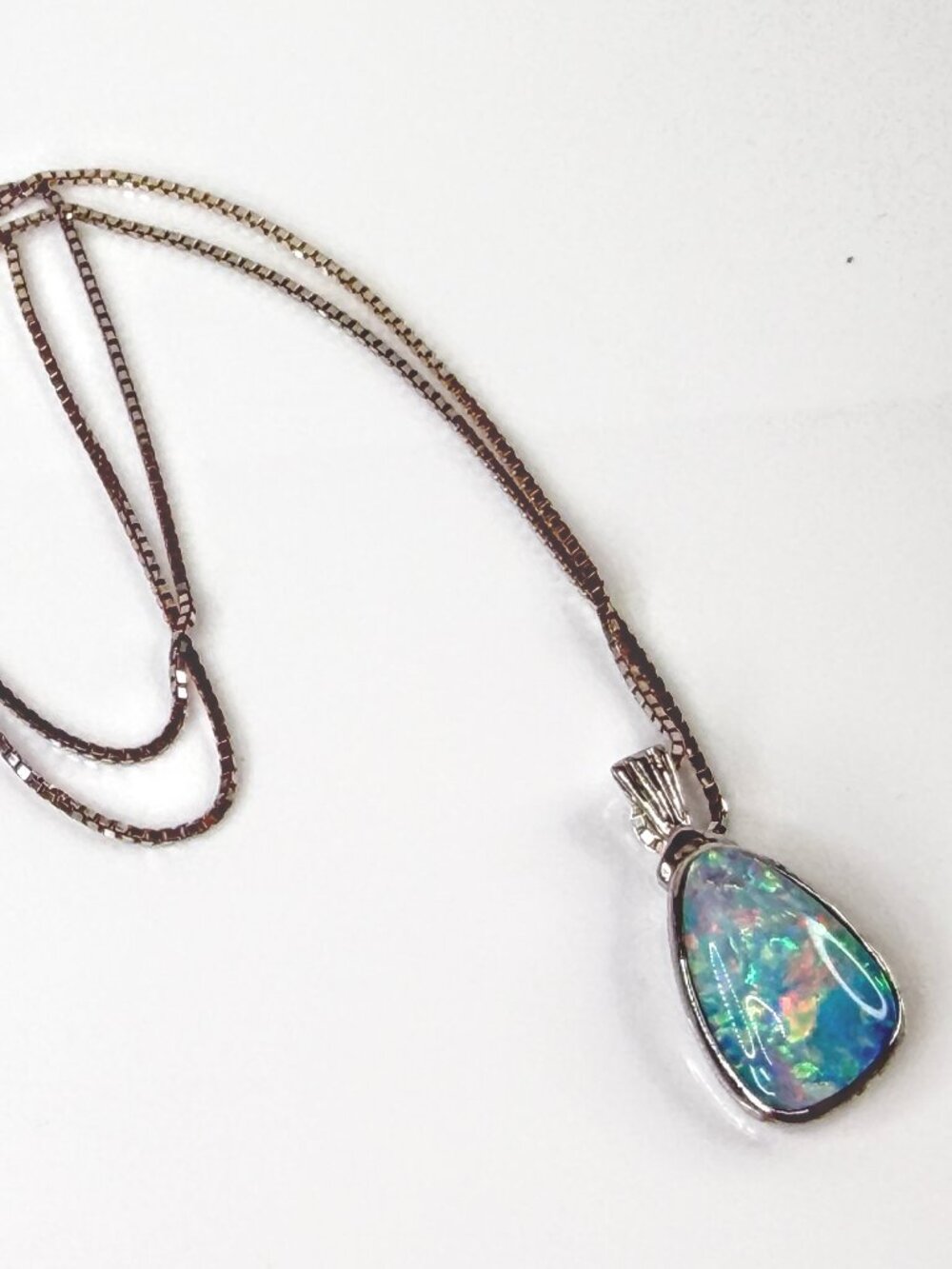 Sterling Silver Fiery Opal Doublet Teardrop Pendant Box Chain Necklace JR2174